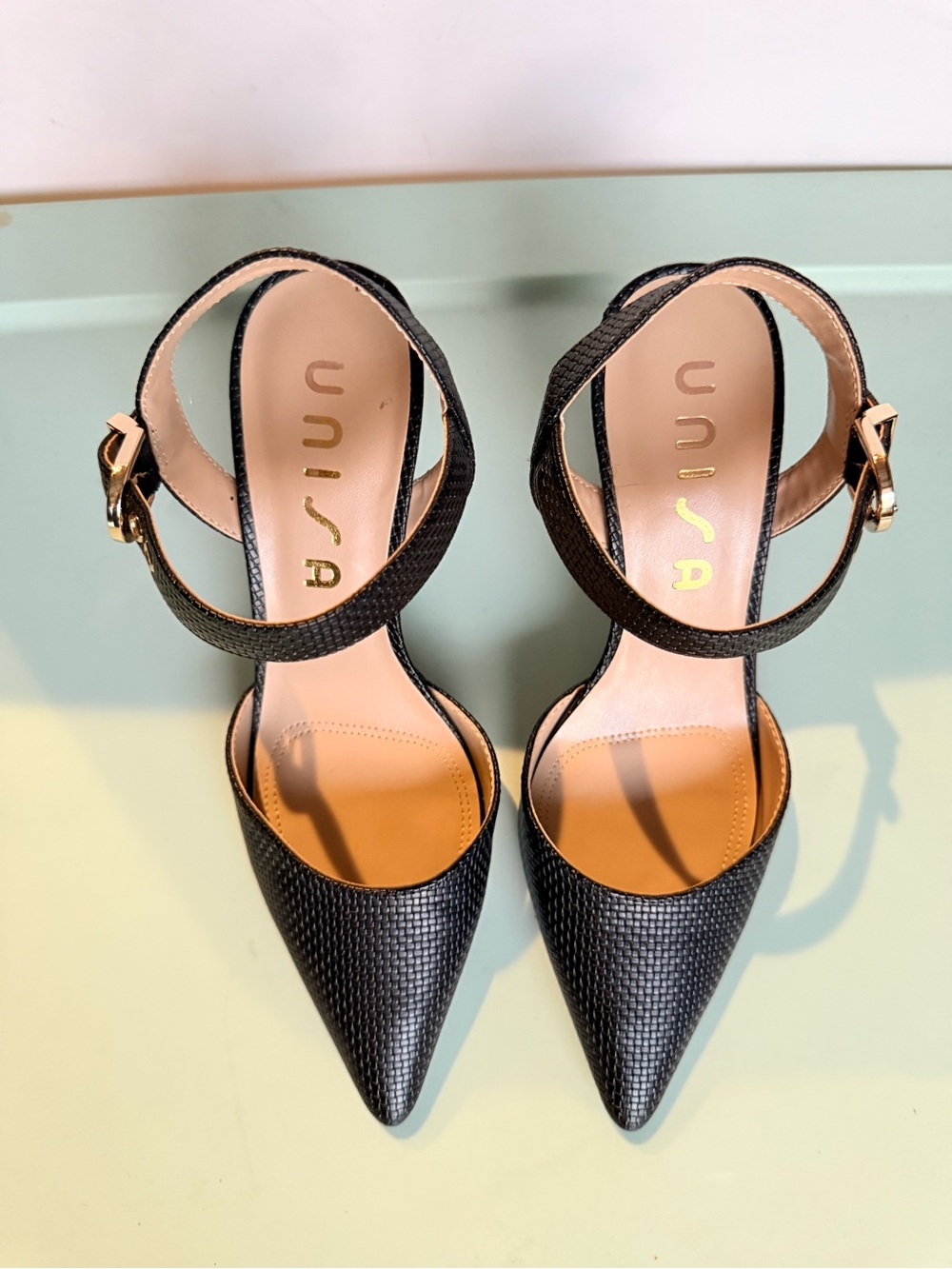 Unisa Black Pointed Toe Ankle Strap Heels